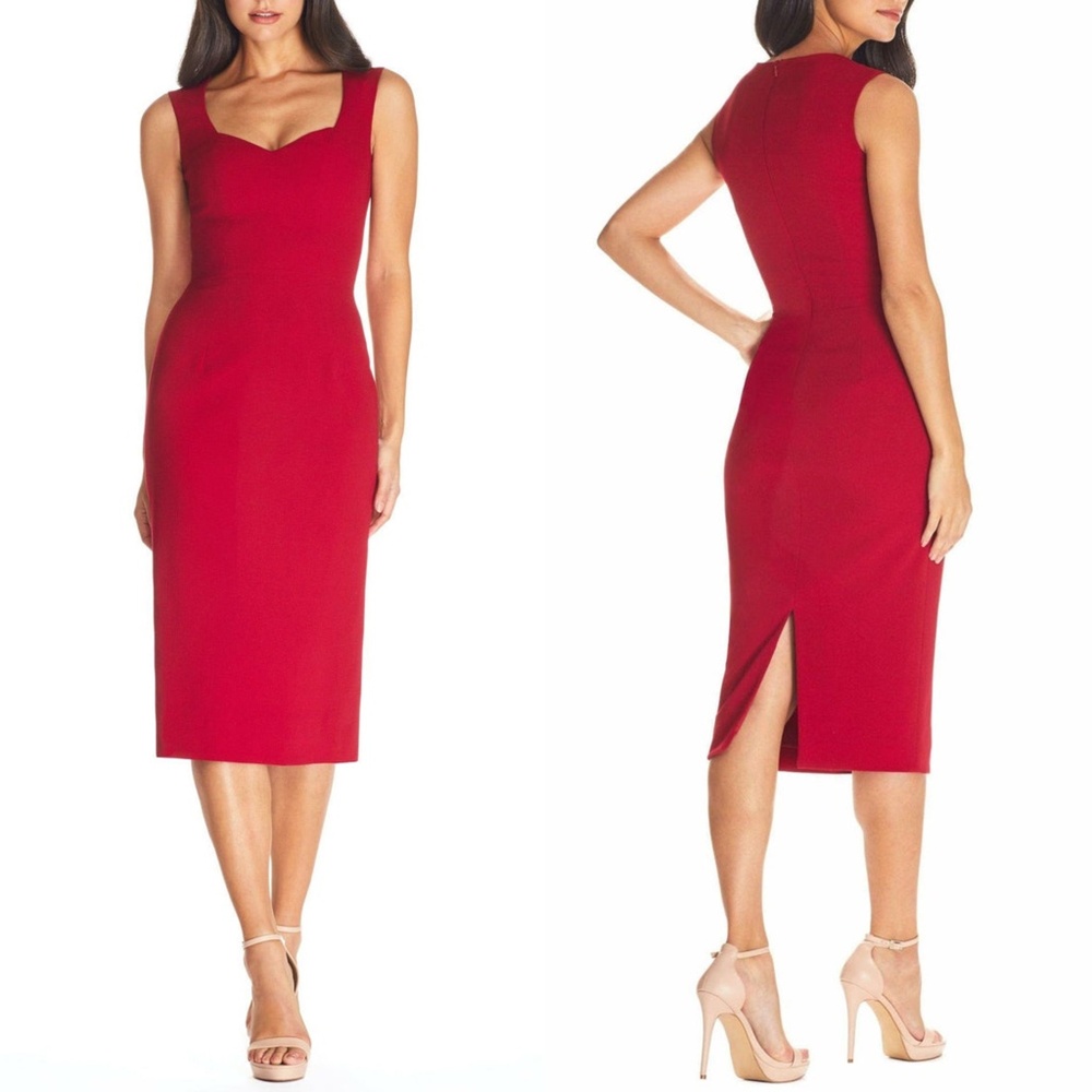 NEW DRESS THE POPULATION Garnet Red ELLE Sweetheart Neck SHEATH Midi DRESS S